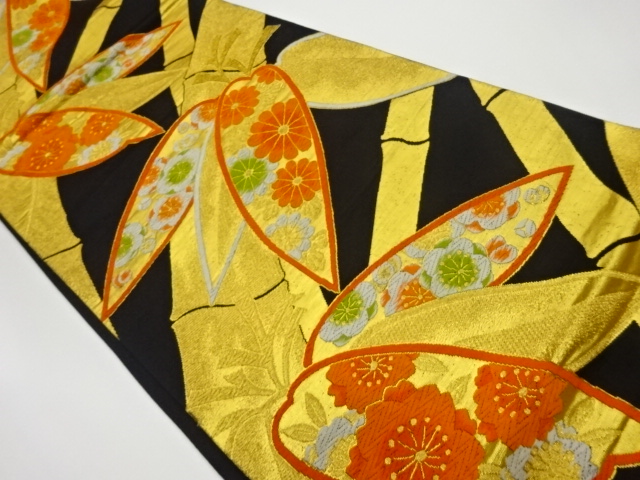 JAPANESE KIMONO / VINTAGE FUKURO OBI / WOVEN BAMBOO & FLOWERS
